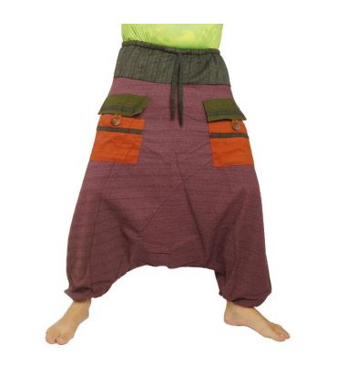 harem pants two-tone with big pockets and drawstring waist magenta black cotton