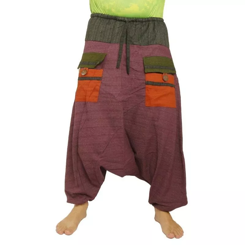 pantalon harem bicolore avec grandes poches et taille à cordon magenta coton noir
