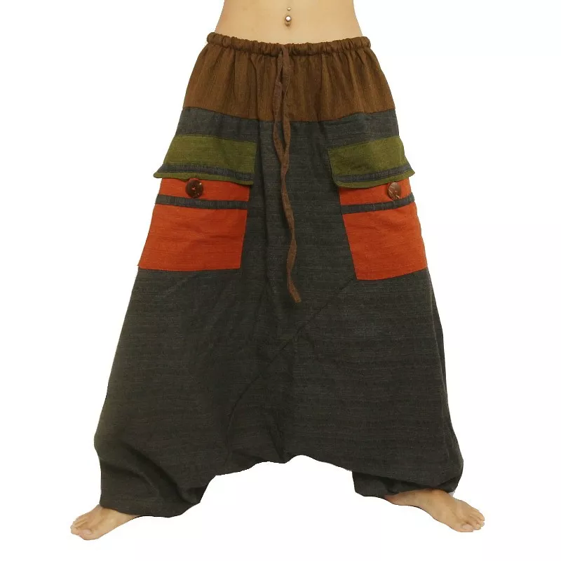 pantalon de harem bicolore avec grandes poches et taille à cordon de serrage en coton brun noir