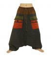 pantalon de harem bicolore avec grandes poches et taille à cordon de serrage en coton brun noir