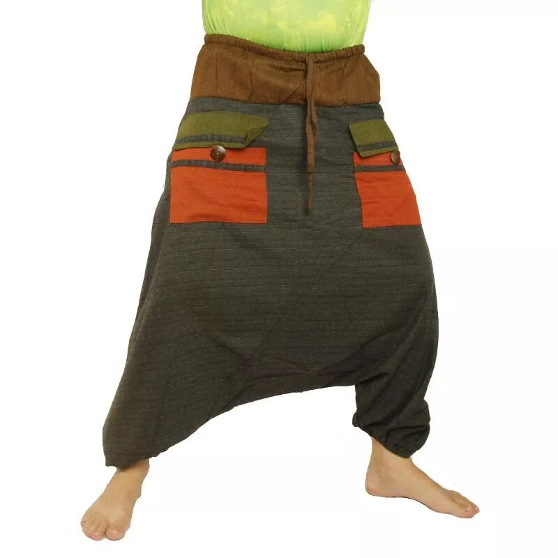 pantalon de harem bicolore avec grandes poches et taille à cordon de serrage en coton brun noir