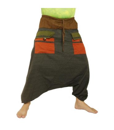pantalon de harem bicolore avec grandes poches et taille à cordon de serrage en coton brun noir