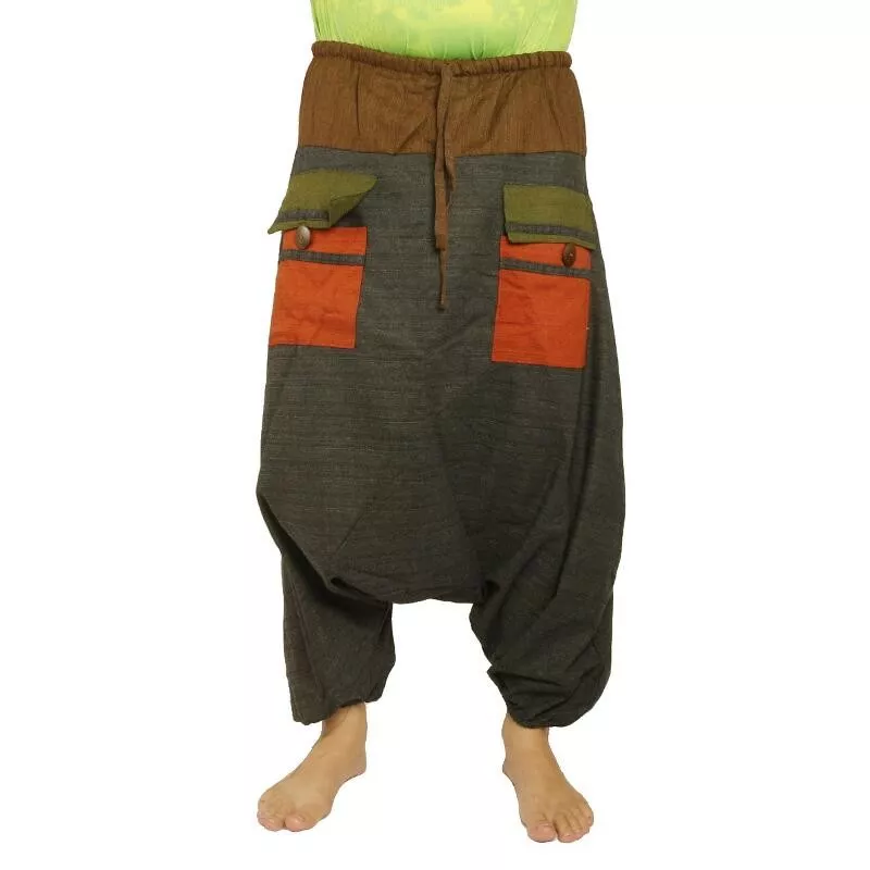 pantalon de harem bicolore avec grandes poches et taille à cordon de serrage en coton brun noir