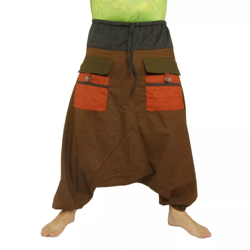 harem pants two-tone with big pockets and drawstring brown black cotton