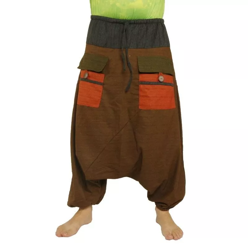 harem pants two-tone with big pockets and drawstring brown black cotton