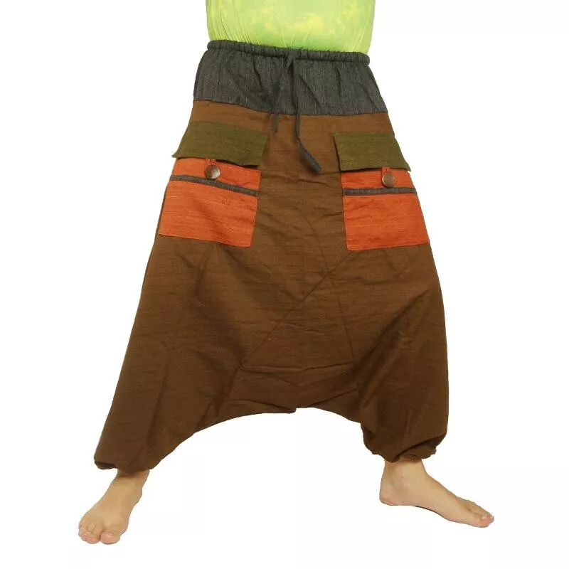 harem pants two-tone with big pockets and drawstring brown black cotton