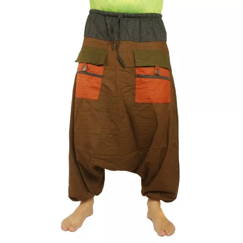 harem pants two-tone with big pockets and drawstring brown black cotton