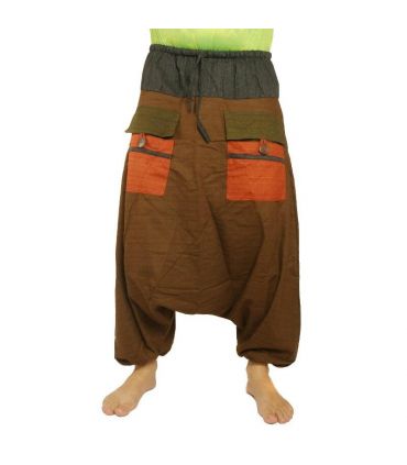 pantalon de harem bicolore à grandes poches et cordon de serrage en coton brun noir