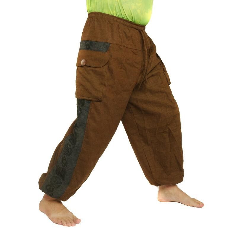 Pantalones harén Cotton-Mix marrón Om Dharma-Wheel impreso