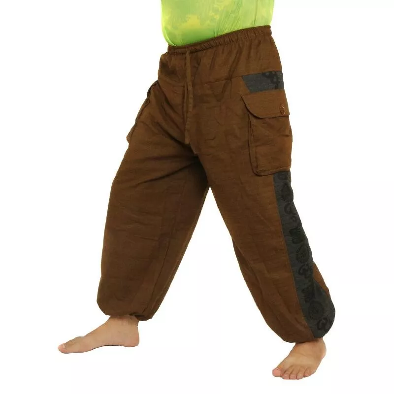 Harem pants cotton mix brown Om Dharma wheel printed