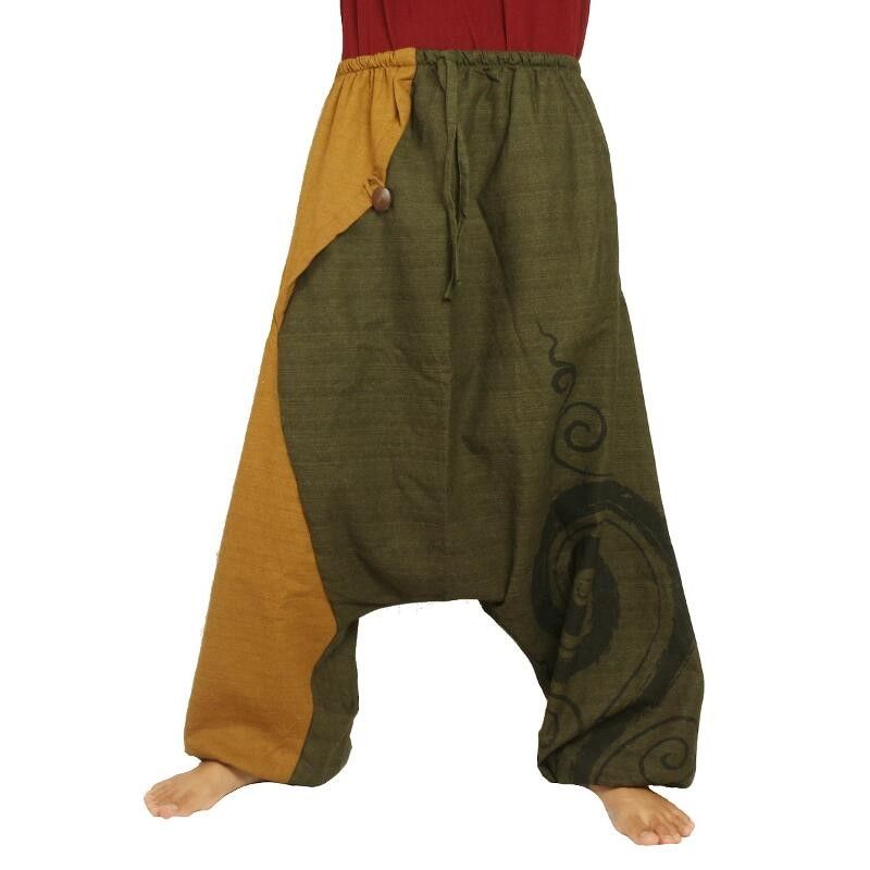 pantalon de harem bicolore vert brun clair imprimé en spirale
