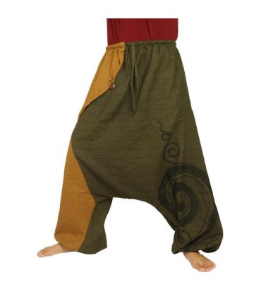 pantalon de harem bicolore vert brun clair imprimé en spirale