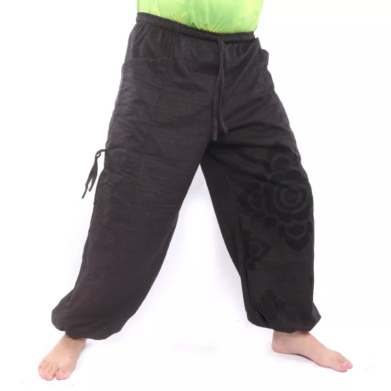 harem pants high cut flower ornament black