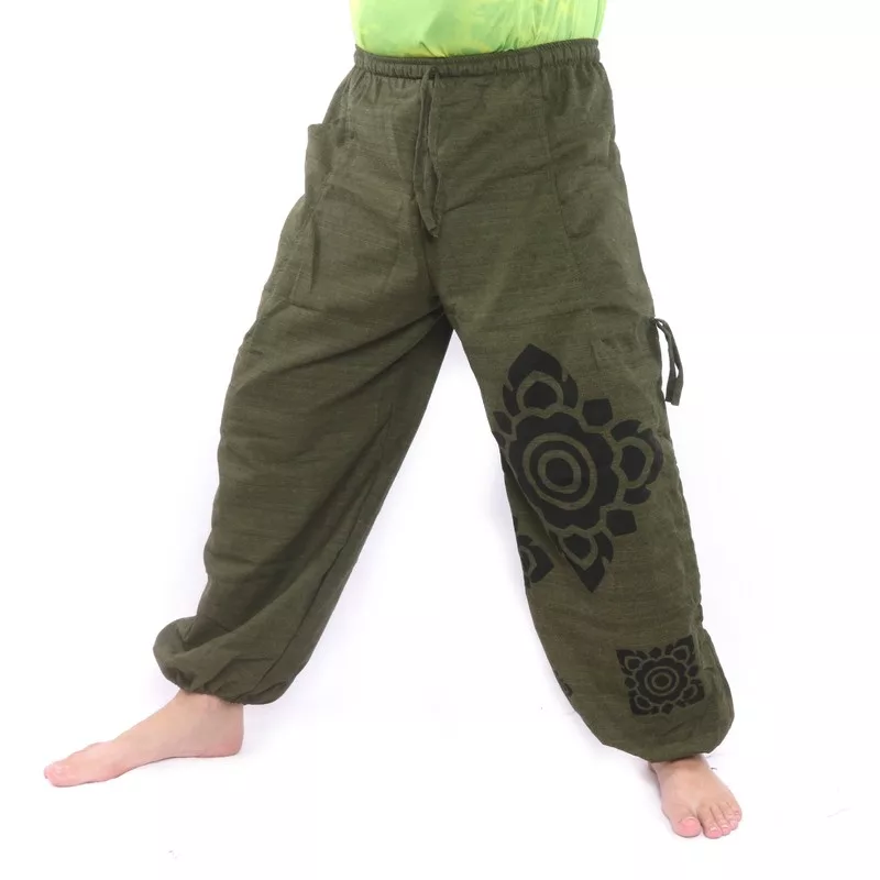 Harem pants high cut floral ornament green