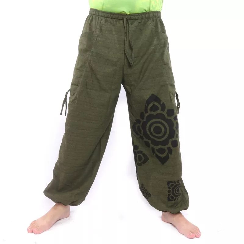 Harem pants high cut floral ornament green