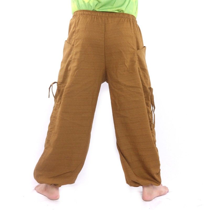 Pantalones harén de corte alto con adornos florales tailandeses de color marrón claro