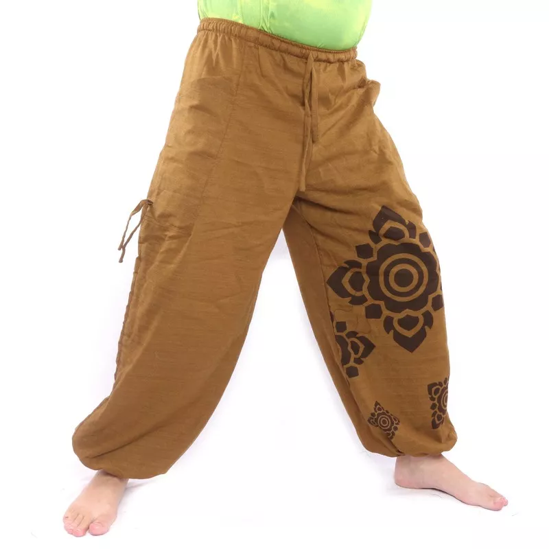 Harem pants high cut light brown Thai floral ornaments