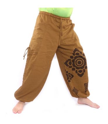 Harem pants high cut light brown Thai floral ornaments