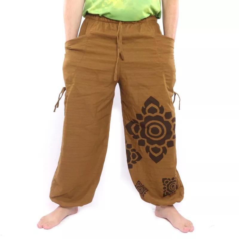 Harem pants high cut light brown Thai floral ornaments