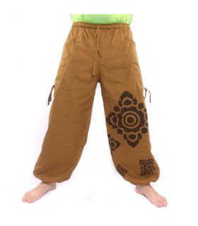 Pantalones de harén de corte alto y ornamentos florales tailandeses marrón claro