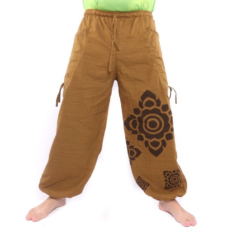 Harem pants high cut light brown Thai flower ornaments