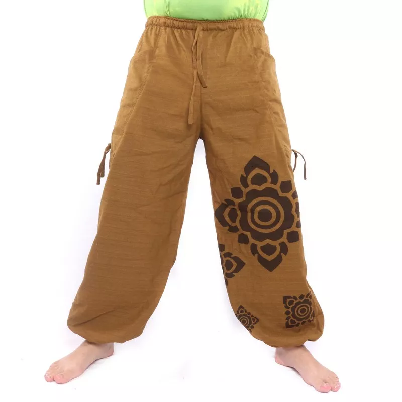 Haremshose hoher Schnitt hell braun Thai Blumenornamente