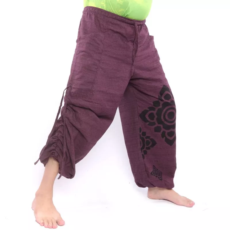Harem pants high cut magenta printed with Thai floral ornaments