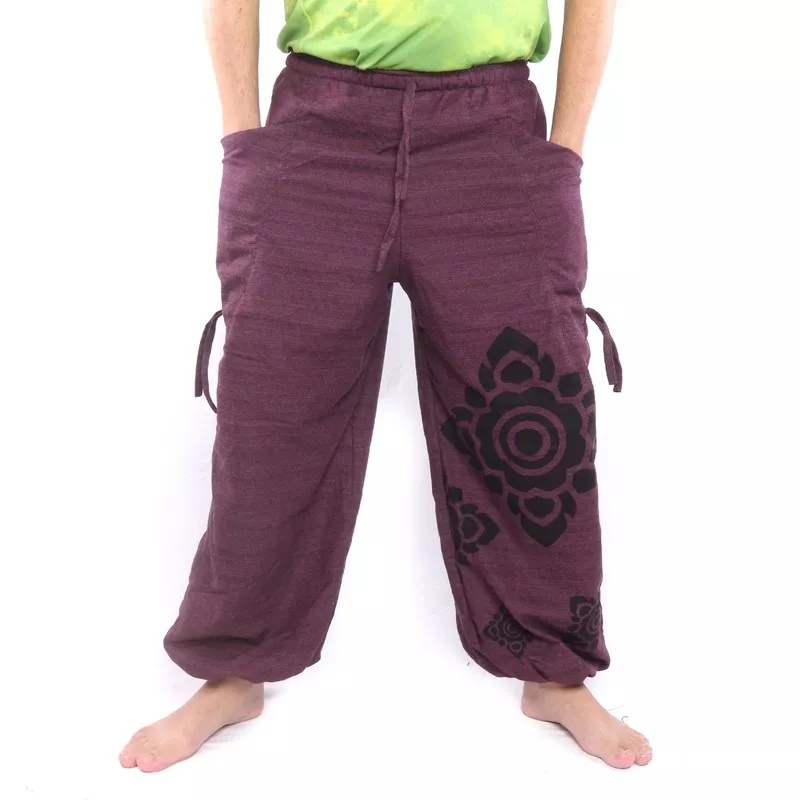 Haremshose hoher Schnitt magenta bedruckt mit Thai Blumenornamenten
