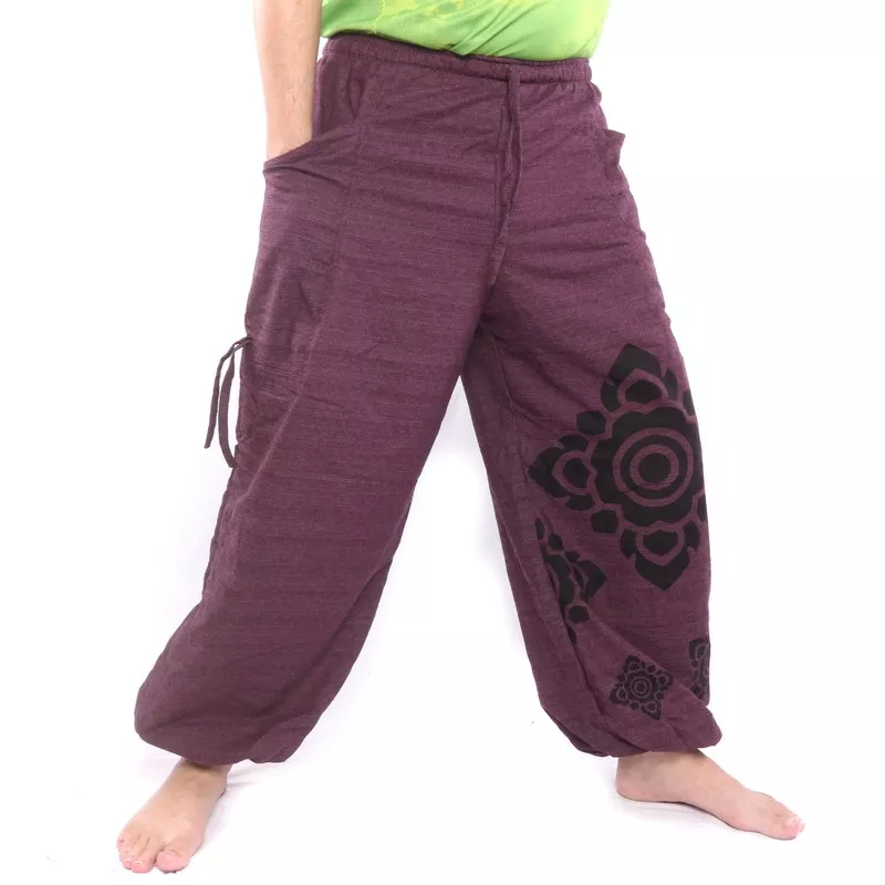 Haremshose hoher Schnitt magenta bedruckt mit Thai Blumenornamenten