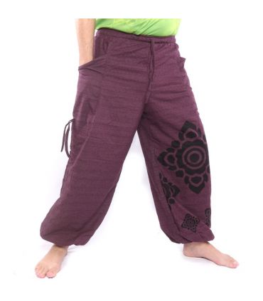 Harem pants high cut magenta printed with Thai floral ornaments