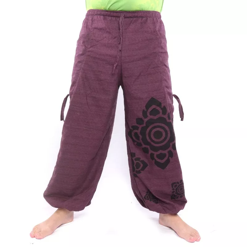 Harem pants high cut magenta printed with Thai floral ornaments