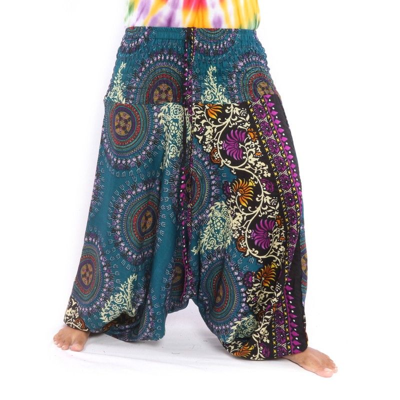 Harem pants for women mandala oriental flowers ornaments green blue