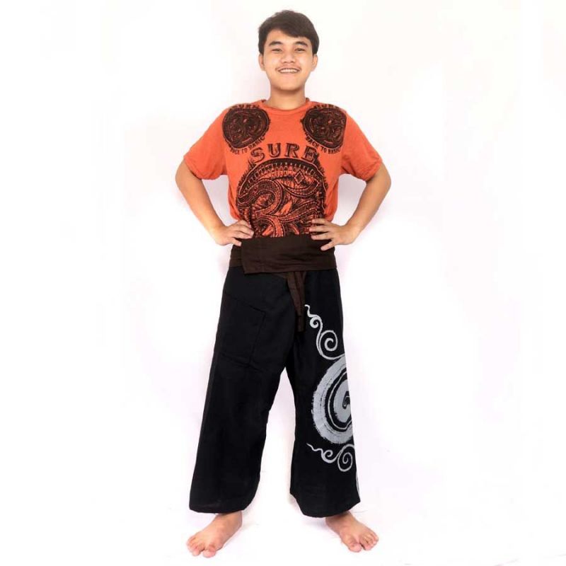 Thai fisherman pants with spiral print - black