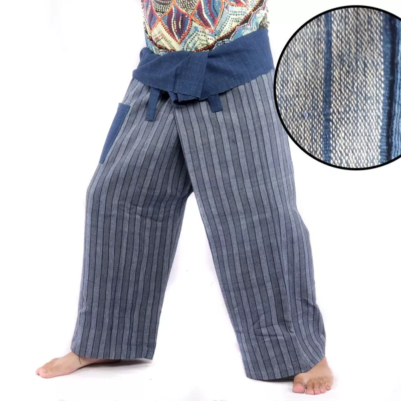 Thai fisherman pants hand woven - natural colors indigo striped