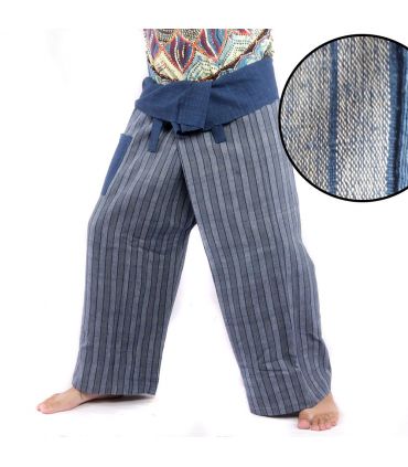Pantalon de pêcheur thaïlandais tissé à la main - couleurs naturelles indigo rayées