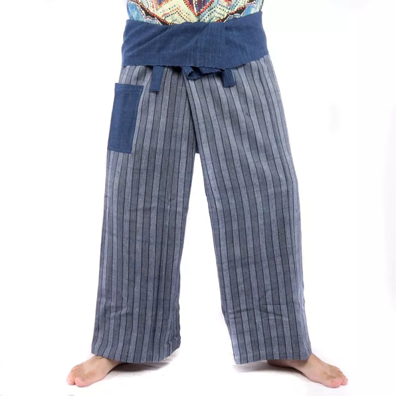 Thai Fischerhose handgewebt - natürliche Farben indigo gestreift