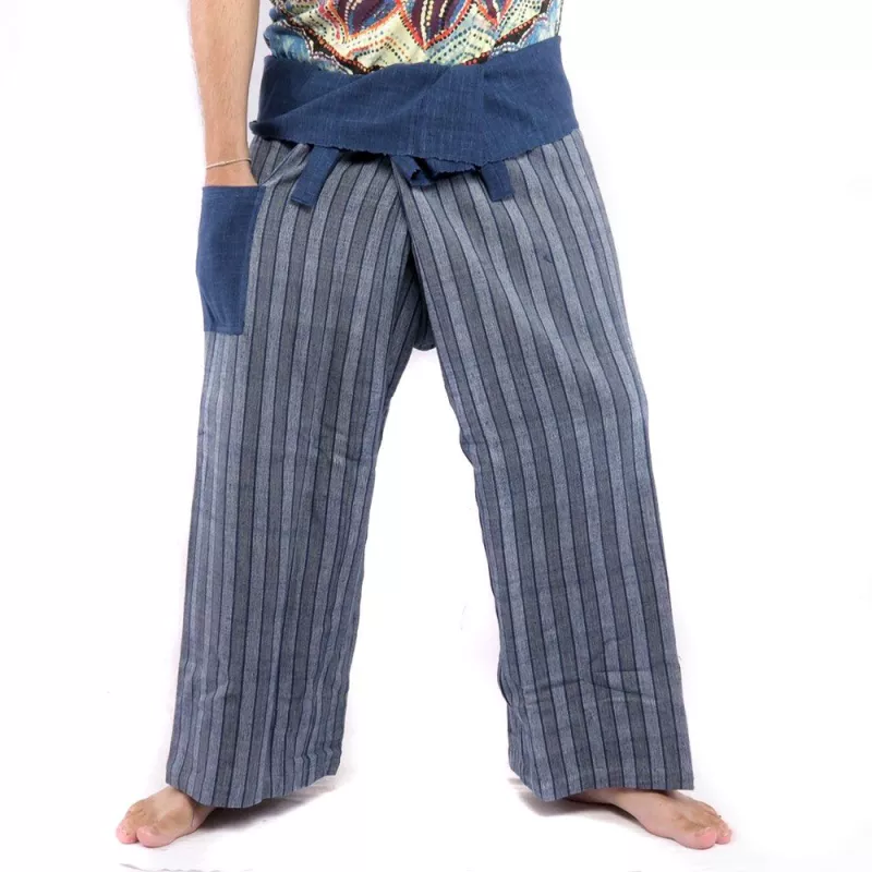 Thai Fischerhose handgewebt - natürliche Farben indigo gestreift