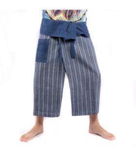 Pantalon de pêcheur thaïlandais tissé à la main - couleurs naturelles indigo rayées
