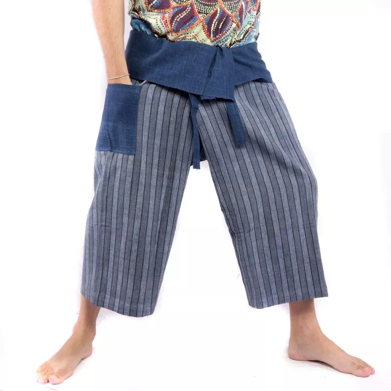 Thai Fischerhose handgewebt - natürliche Farben indigo gestreift