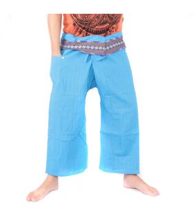 Pantalones de pescador tailandés con borde estampado - algodón - azul claro