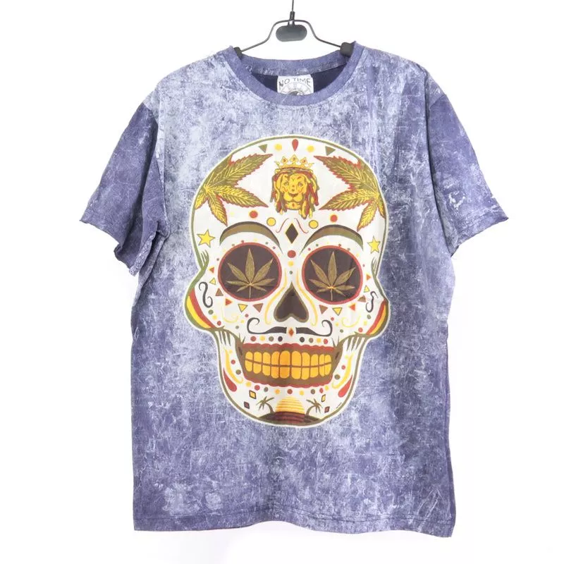 "No Time" Feuille de chanvre, crâne, lion, T-shirt Taille M Stonewashed