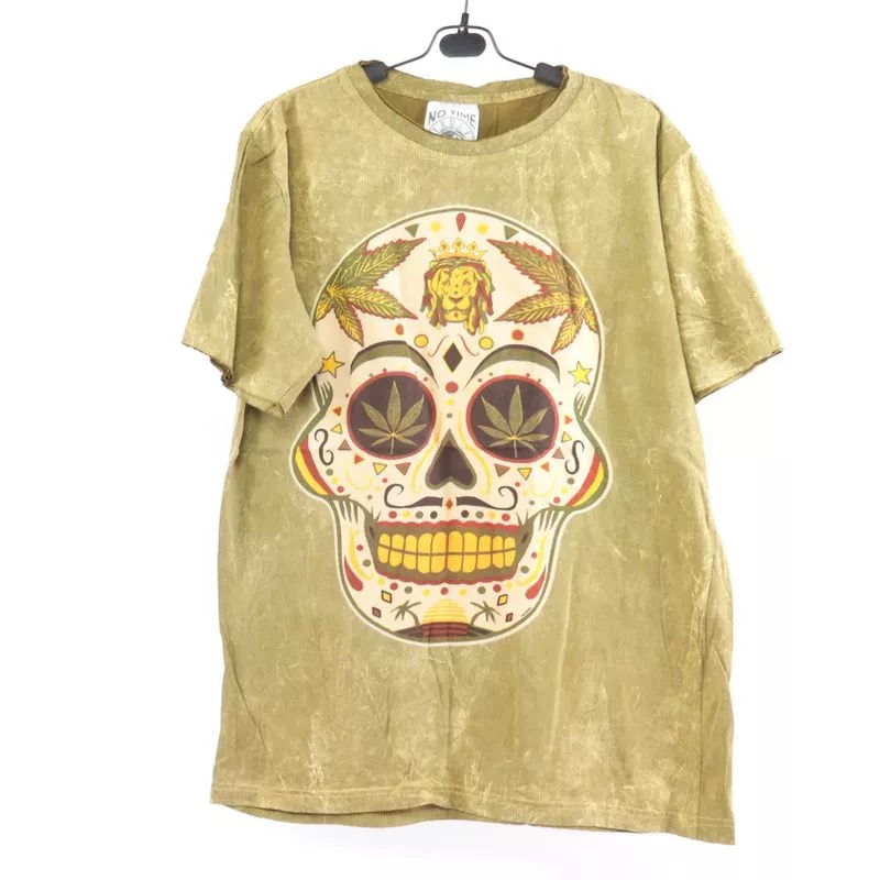"No Time" Feuille de chanvre, crâne, lion, T-shirt Taille M Stonewashed