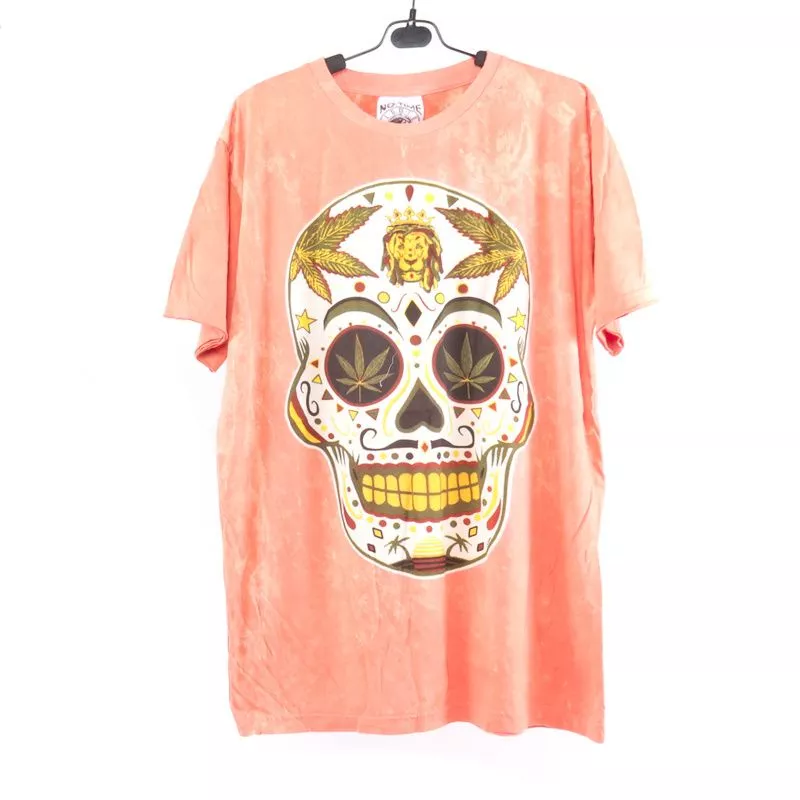 "No Time" Feuille de chanvre, crâne, lion, T-shirt Taille M Stonewashed