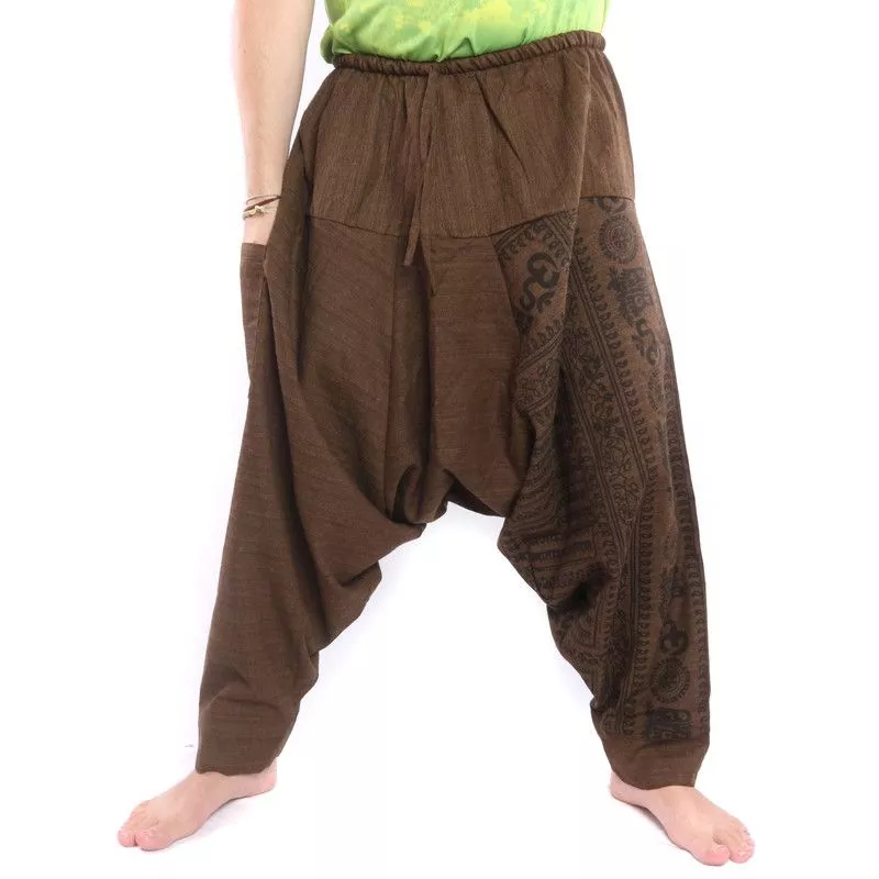 ॐ pantalon de harem avec symboles sanskrits mélange de coton brun