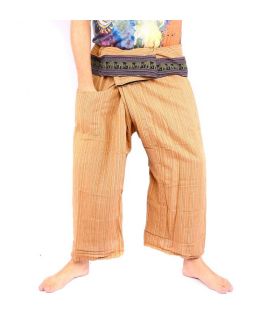 Pantalones de pescador tailandés con borde de patrón de elefante - algodón - amarillo ocre