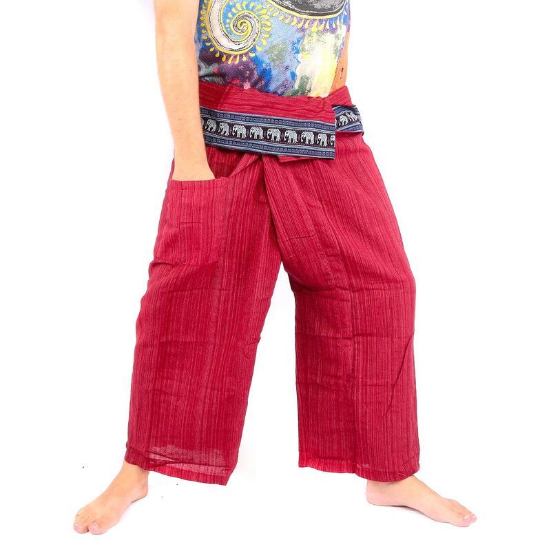 Pantalon de pêcheur thaïlandais avec bordure rouge à motif d'éléphant