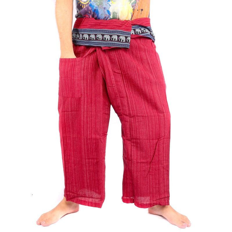 Pantalon de pêcheur thaïlandais avec bordure rouge à motif d'éléphant