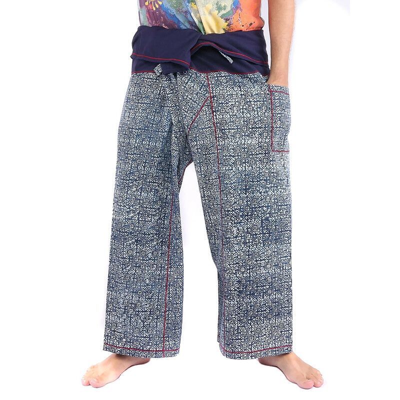 Pantalon de pêcheur thaïlandais de Chiang Mai, coton lourd imprimé indigo