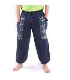 Pantalones tailandeses de algodón azul oscuro - estampado étnico