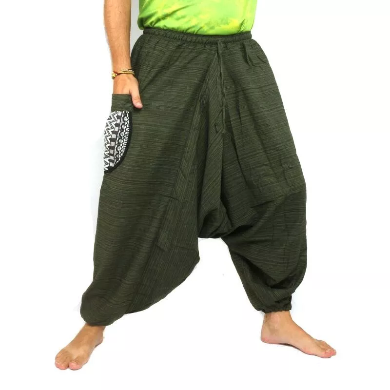 Pantalon harem en coton uni avec poche latérale brodée